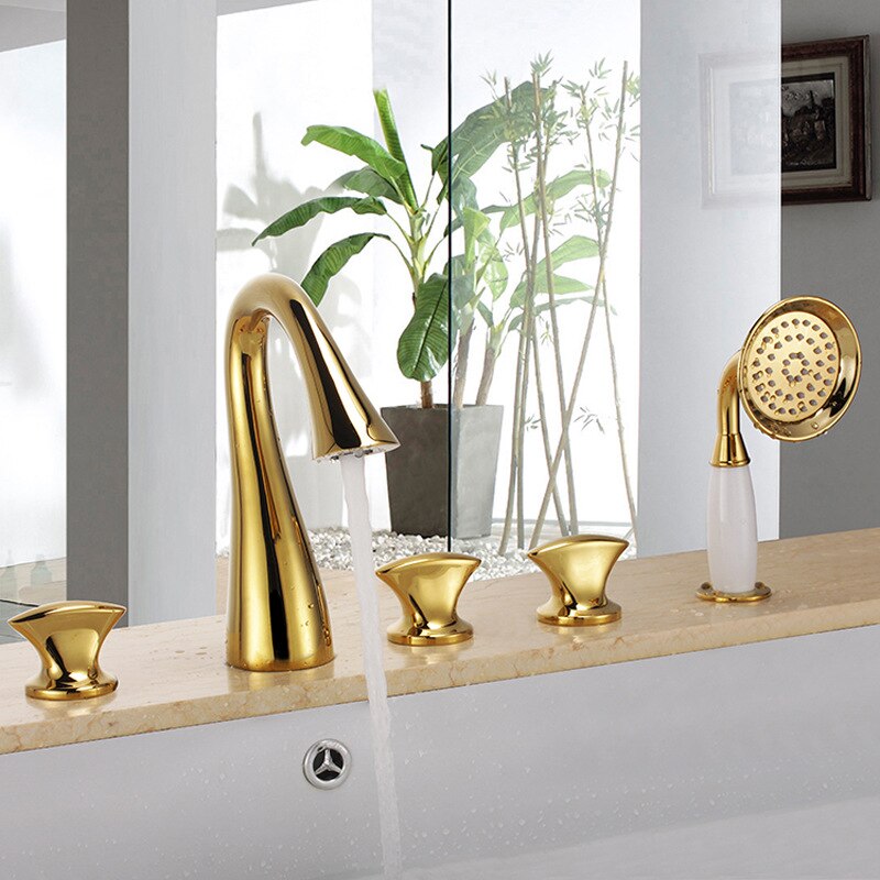 BathSelect Nysa Gold Finish Deck Mounted Bath Tub Faucet With Hand Held Shower